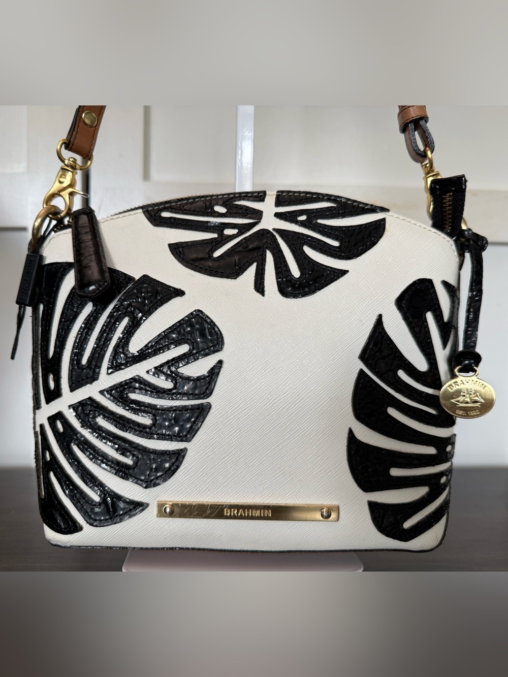 Brahmin Monaco White Duxbury Patent Monstera Leaf Black Leather Crossbody